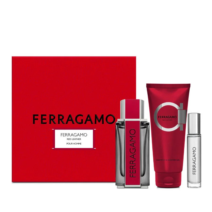 FERRAGAMO RED LEATHER POUR HOMME SET 3 PIEZAS XS